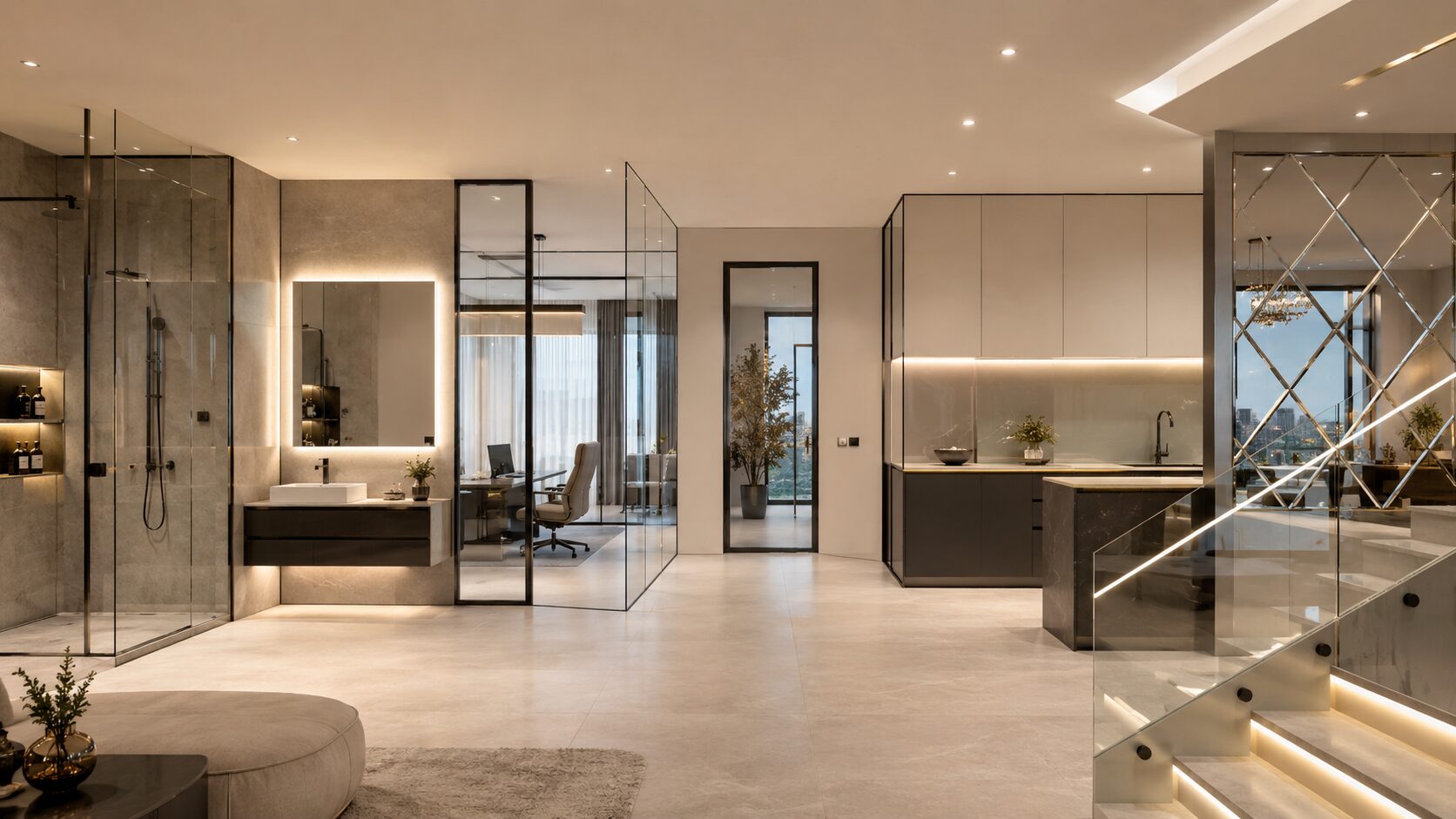 Премиальный интерьер со стеклом и зеркалами Биварт